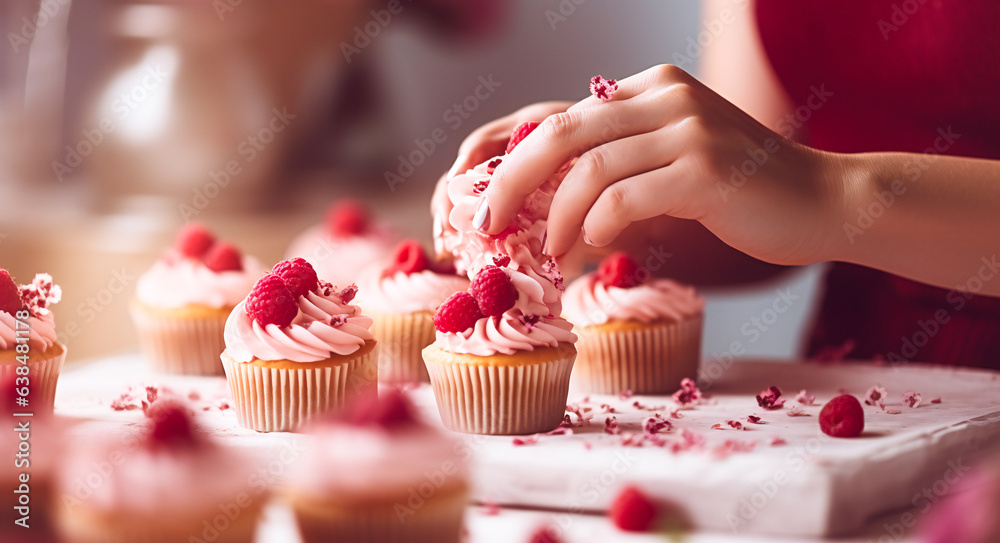 Hands of a young woman making cupcakes using raspberries
