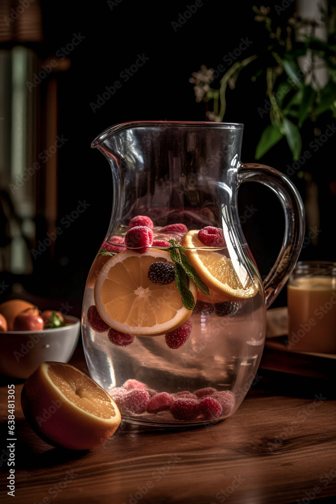 Detox Citrus Infused Flavored Water. a glass pitcher of water infused with fresh fruit slices and herbs . AI Generated Detox Citrus Infused Flavored Water. a glass pitcher of water infused with fresh fruit slices and herbs . AI Generated