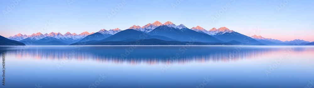 Beautiful picturesque landscape of a mountain range at dawn. The mountain peaks are covered with snow. Generative AI. Beautiful picturesque landscape of a mountain range at dawn. The mountain peaks are covered with snow. Generative AI.