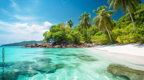 Beautiful beach with palms and turquoise sea. AI Generated