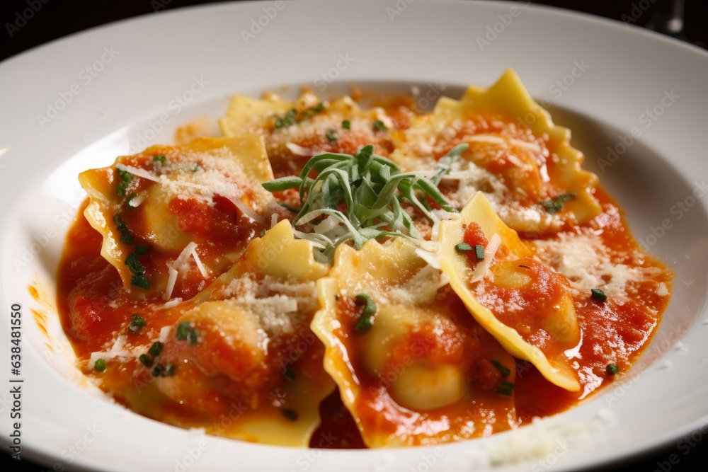 Delicious ravioli topped with a spicy Arrabbiata sauce and grated Pecorino Romano cheese, making your mouth water with its flavorful combination Delicious ravioli topped with a spicy Arrabbiata sauce and grated Pecorino Romano cheese, making your mouth water with its flavorful combination