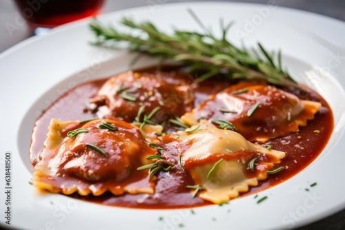 ravioli filled with succulent braised beef, accompanied by a luscious red wine sauce and garnished with sprigs of fragrant rosemary