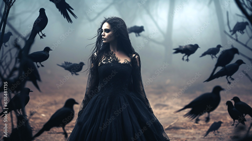 mysterious woman in black gothic dress surrounded by ravens mysterious woman in black gothic dress surrounded by ravens