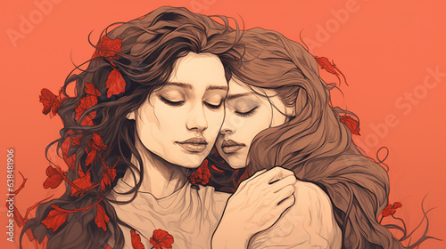 two women hugging each other cartoon style