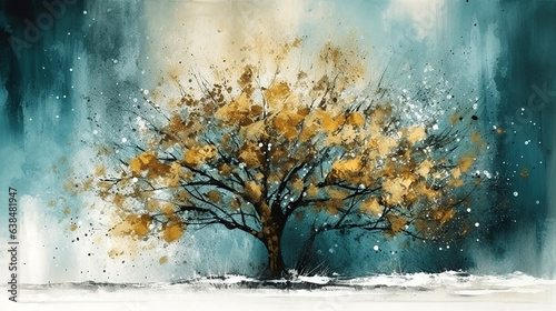 gold and blue abstract winter tree wall art