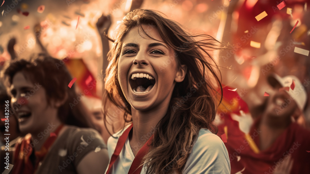 Female fans celebrating the victory of the Spanish national football team in the World Cup.