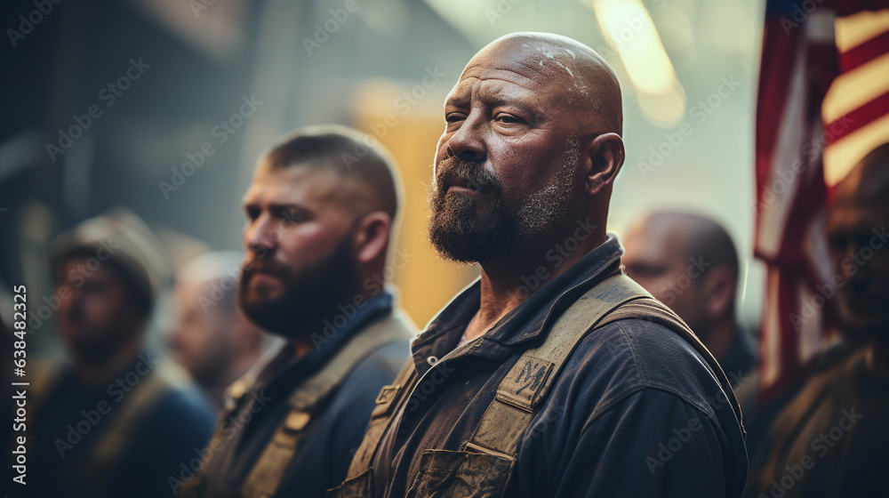 Photography that captures the essence of Labor Day, showing a group of industrial workers in an urban setting