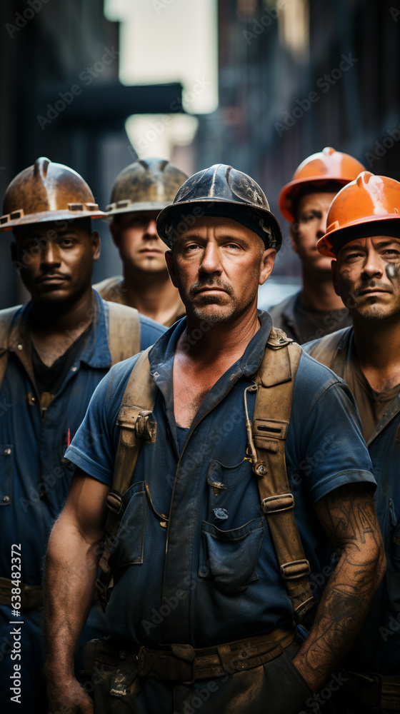 Photography that captures the essence of Labor Day, showing a group of industrial workers in an urban setting Photography that captures the essence of Labor Day, showing a group of industrial workers in an urban setting