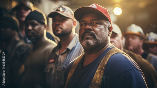 Photography that captures the essence of Labor Day, showing a group of industrial workers in an urban setting © israel