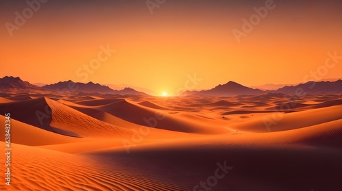 Sun setting over the vast desert, creating a serene glow.