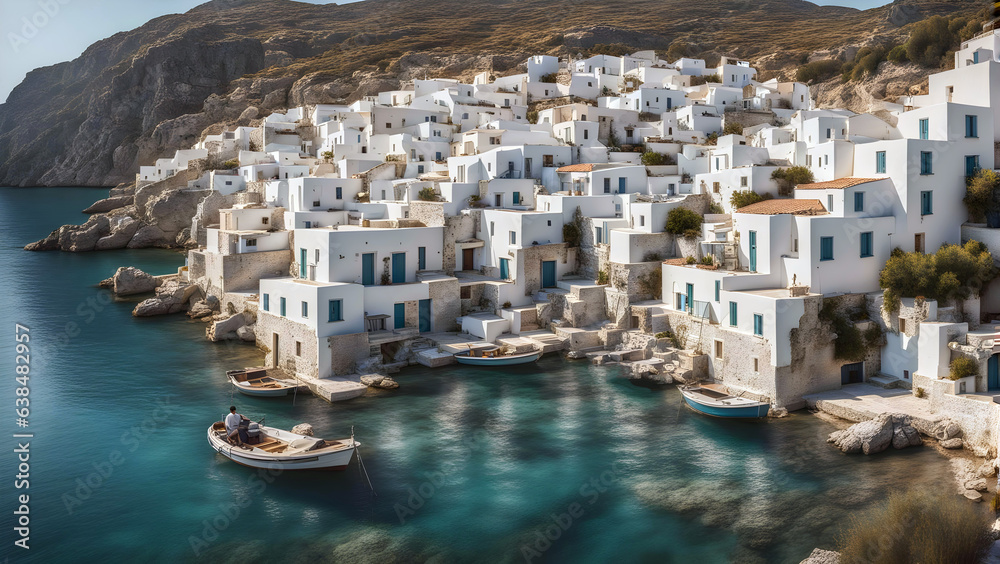 fishing boats in a harbor in a traditional greek island village with old white houses
