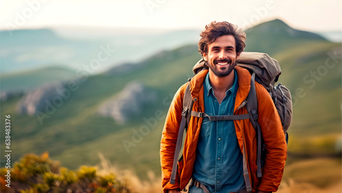 A Man Smiling on a Outdoors Hike , Fictional Model Digital Render