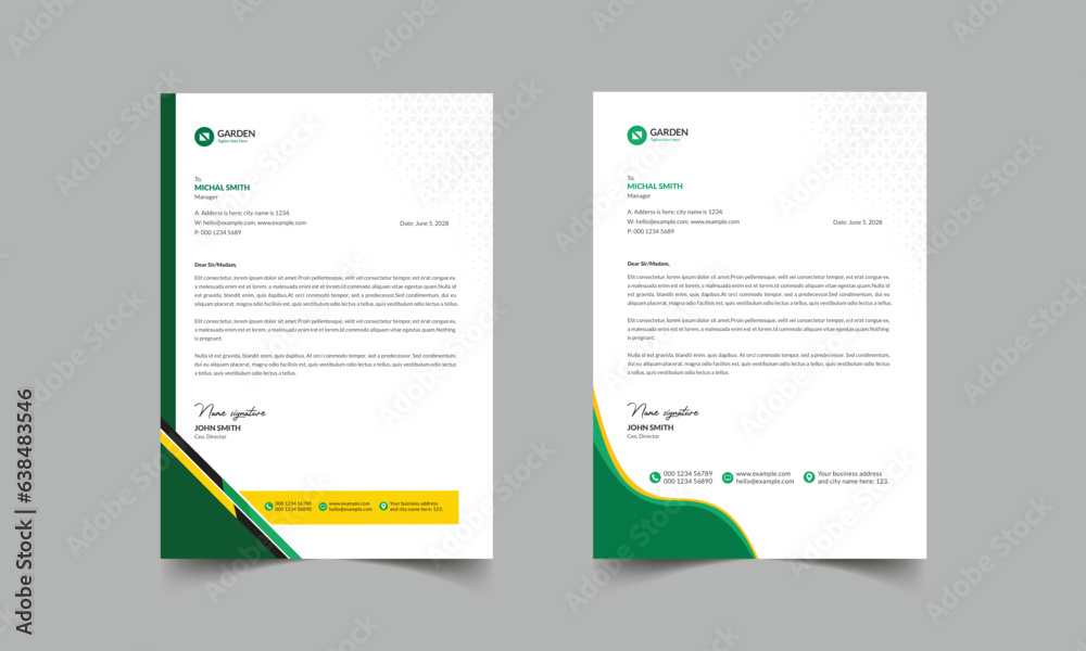Lawn mowing professional layout, letterhead design Simple and clean print-ready Green Garden style design