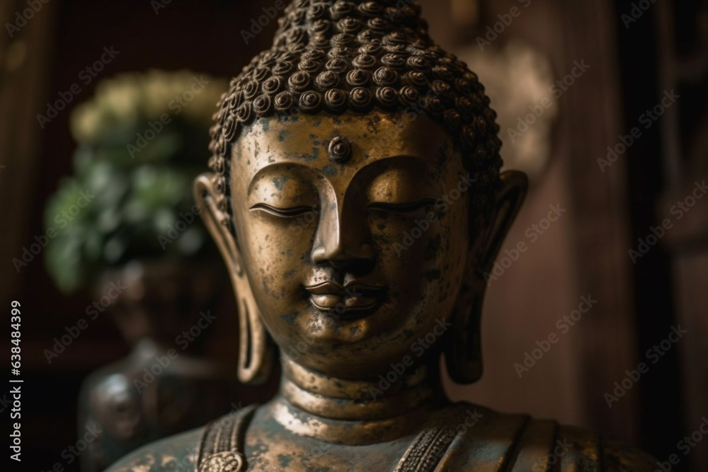 Bronze face of bronze Buddha, dark background, zen spiritual ritual meditating. Spiritual awakening. Statue of Buddha in temple and a small meditation. Religion concept, esoterics. Generative AI.
