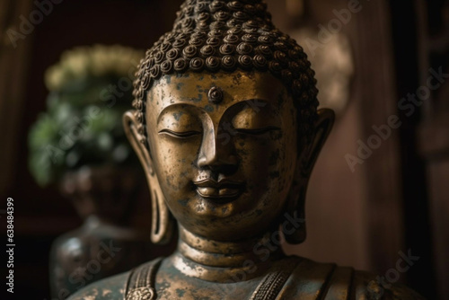 Wallpaper Mural Bronze face of bronze Buddha, dark background, zen spiritual ritual meditating. Spiritual awakening. Statue of Buddha in temple and a small meditation. Religion concept, esoterics. Generative AI. Torontodigital.ca