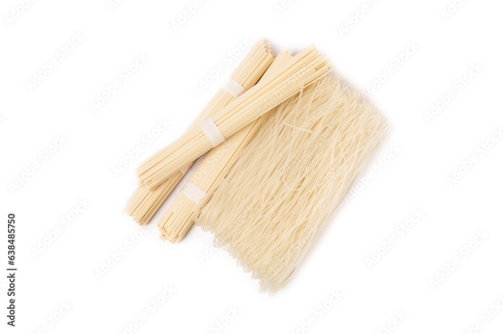 Funchoza.Dried raw rice noodles and rice isolated on white background..Noodles with rice flour. Diet food. Healthy food. Design Funchoza.Dried raw rice noodles and rice isolated on white background..Noodles with rice flour. Diet food. Healthy food. Design