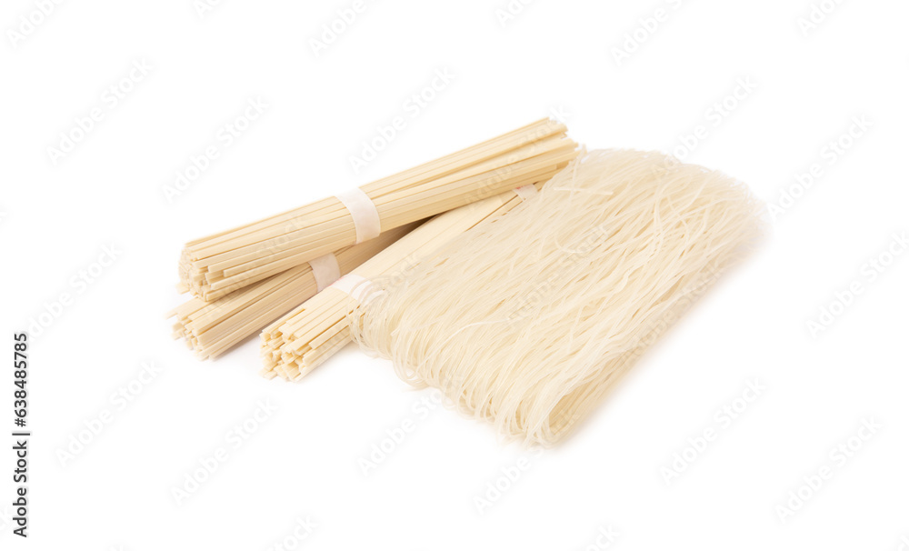 Funchoza.Dried raw rice noodles and rice isolated on white background..Noodles with rice flour. Diet food. Healthy food. Design Funchoza.Dried raw rice noodles and rice isolated on white background..Noodles with rice flour. Diet food. Healthy food. Design