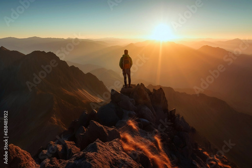 Freedom happy travel concept. Brave male hiker traveler man stands at summit of a mountain chase looking at beautiful stunning amazing view of the ocean sunrise or sunset tim. Generative AI Technology