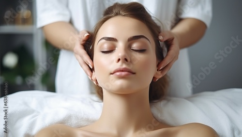 a beautiful young woman reclines on a bed  enjoying a soothing massage atmosphere of relaxation and rejuvenation