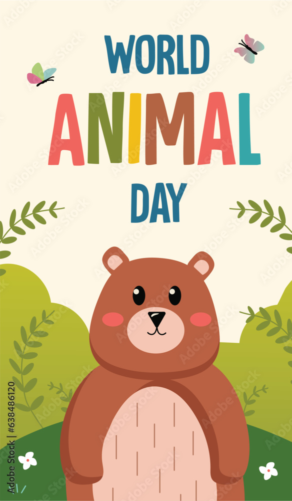 Poster dedicated to World Animal Day in flat design. Whimsical book cover with bear on the background in a flat style, dedicated to the importance of World Animals Day. Vector illustration. Poster dedicated to World Animal Day in flat design. Whimsical book cover with bear on the background in a flat style, dedicated to the importance of World Animals Day. Vector illustration.