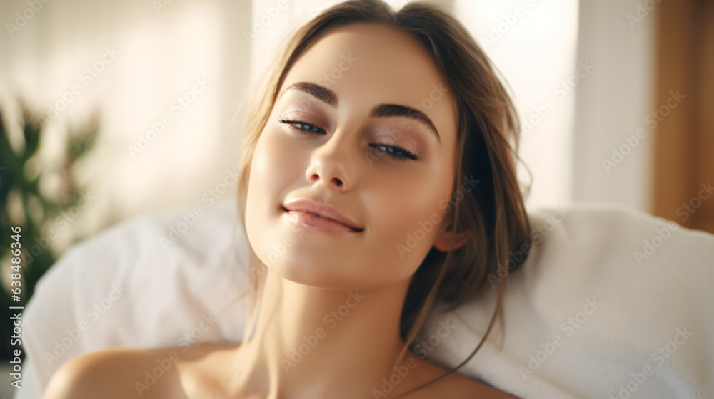 a beautiful young woman reclines on a bed, enjoying a soothing massage atmosphere of relaxation and rejuvenation a beautiful young woman reclines on a bed, enjoying a soothing massage atmosphere of relaxation and rejuvenation