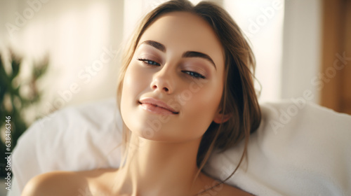 a beautiful young woman reclines on a bed, enjoying a soothing massage atmosphere of relaxation and rejuvenation