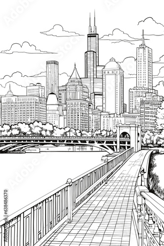 USA United States Chicago cityscape black and white coloring page for adults. US America Illinois bridge, buildings, street, landmarks vector outline sketch for anti stress color book