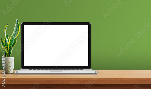 Laptop on wooden desk with background. Laptop or Computer mockup white background on table.