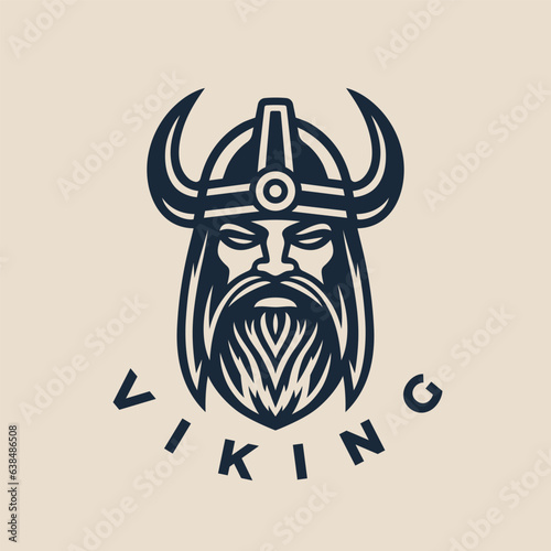 Nordic viking logo. Norse warrior icon. Horned barbarian helmet symbol. Norseman Odin emblem. Vector illustration.