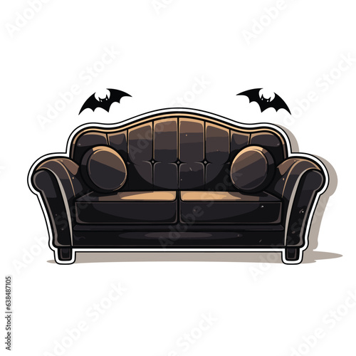 Black halloween sofa for living room decorated with bat, vector illustration isolated in a flat style