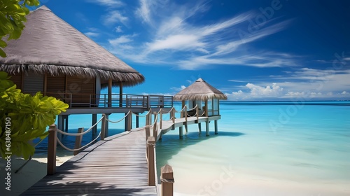 Tourism resort in sunny day with beautiful beach  white sand  palm tree and blue sky 