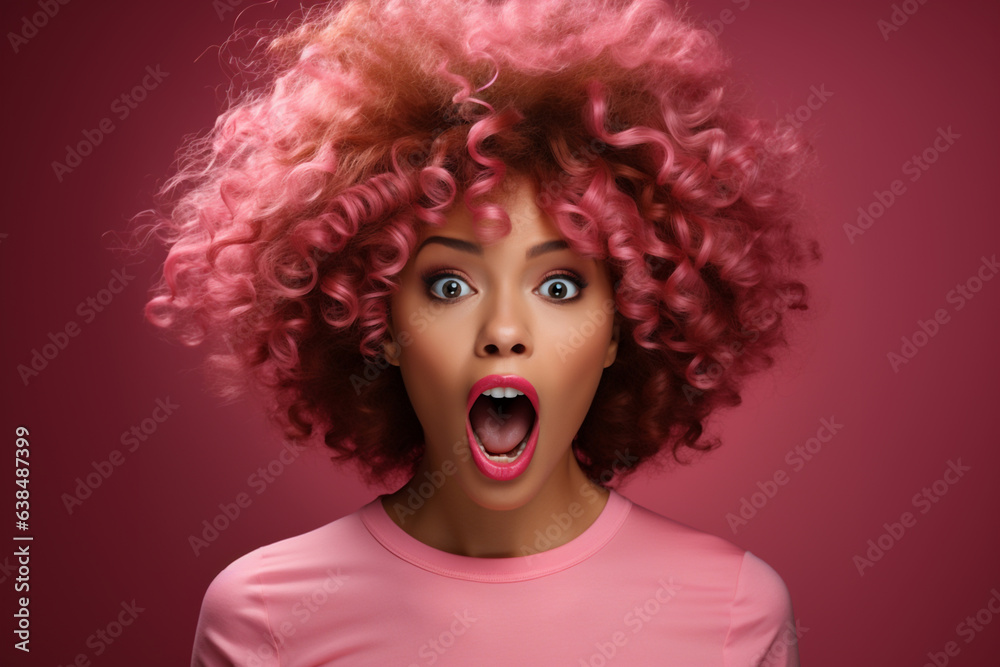 Banner of dreamy beautiful barbie doll girl with pink hair and pink lips shouting shocked on dark red background. Empty space place for text, copy paste. Barbie trend. Generative AI - obrazy, fototapety, plakaty 