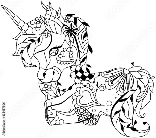 Cute cartoon unicorn. Fantastic animal. Black and white, linear, image. For the design of prints, posters, stickers, tattoos.