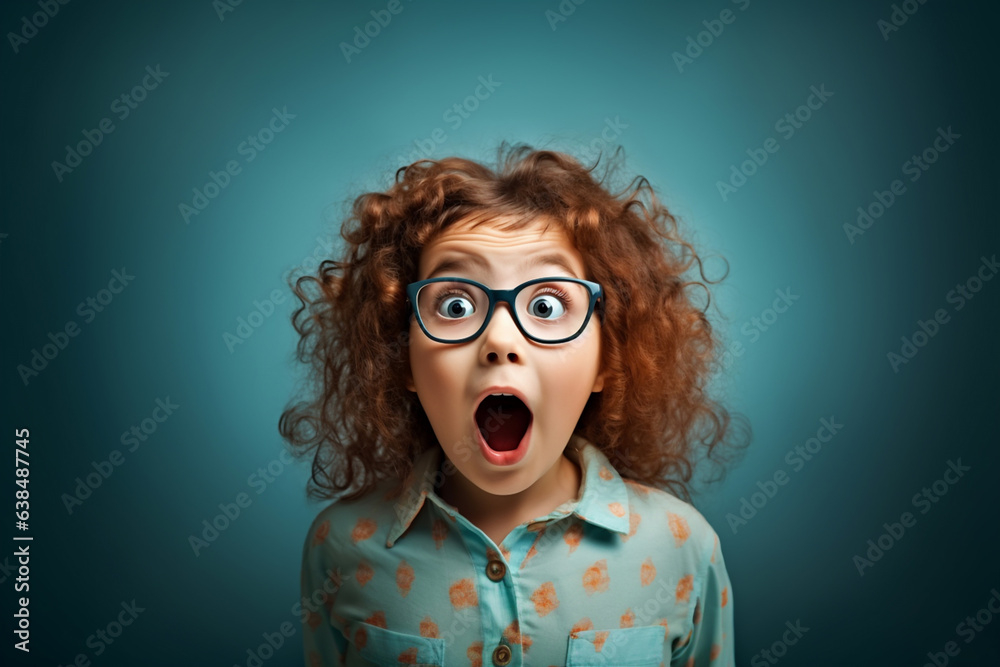 Excited, shock, omg wow expression. Shocked elementary school kid girl in glasses looking at camera on blue background. Showing promo offers, points away on pink background. Generative AI Technology