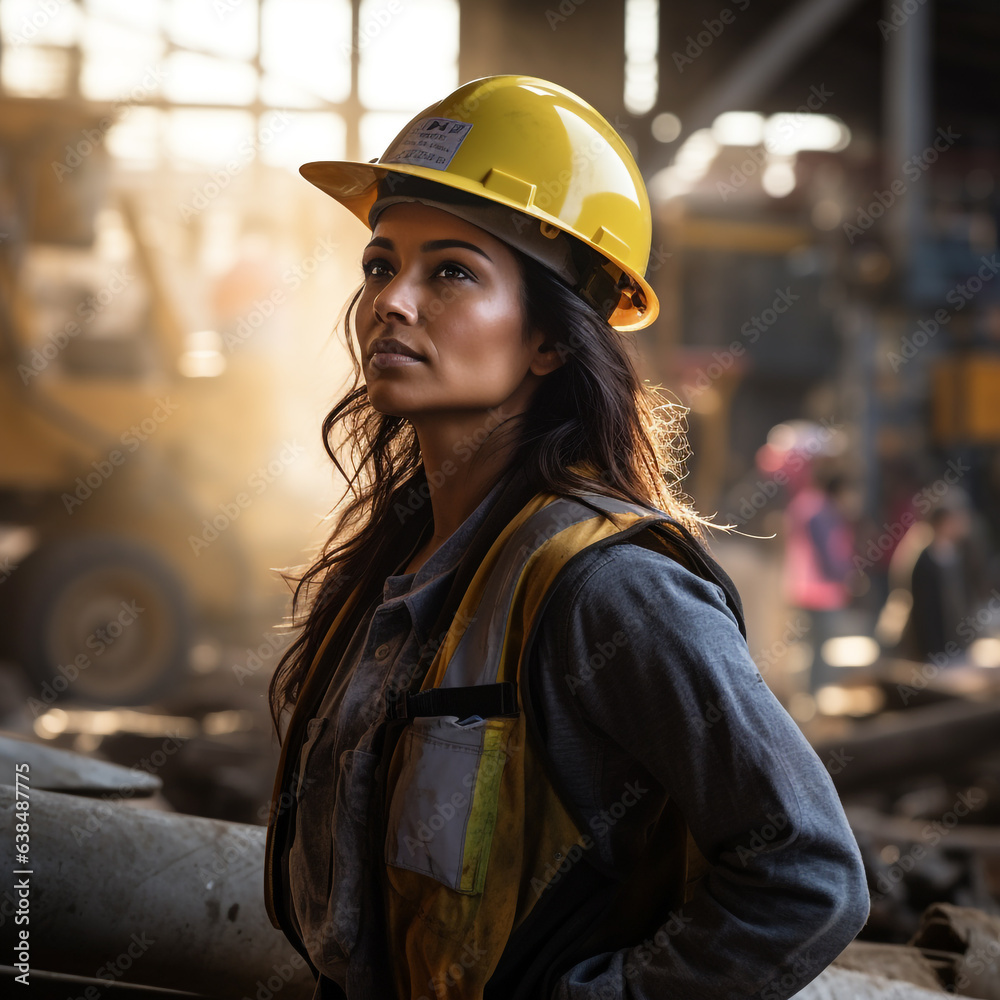 A strong and resilient female worker, amidst a busy construction site, Labor Day, showing the hard work and dedication of workers A strong and resilient female worker, amidst a busy construction site, Labor Day, showing the hard work and dedication of workers