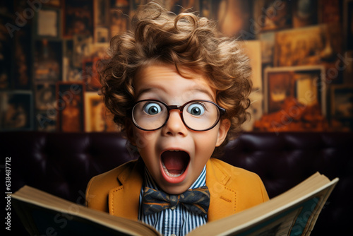 Showing promo offers, points away on library background. Elementary school shocked kid boy in glasses looking at camera with book in hands. Excited, shock, omg wow expression. Generative AI Technology