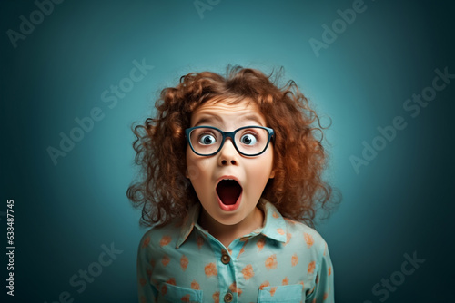 Excited, shock, omg wow expression. Shocked elementary school kid girl in glasses looking at camera on blue background. Showing promo offers, points away on pink background. Generative AI Technology © Valeriia
