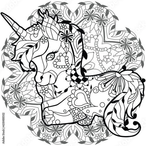 Cute cartoon unicorn on mandala. Fantastic animal. Black and white, linear, image. For the design of prints, posters, stickers, tattoos.