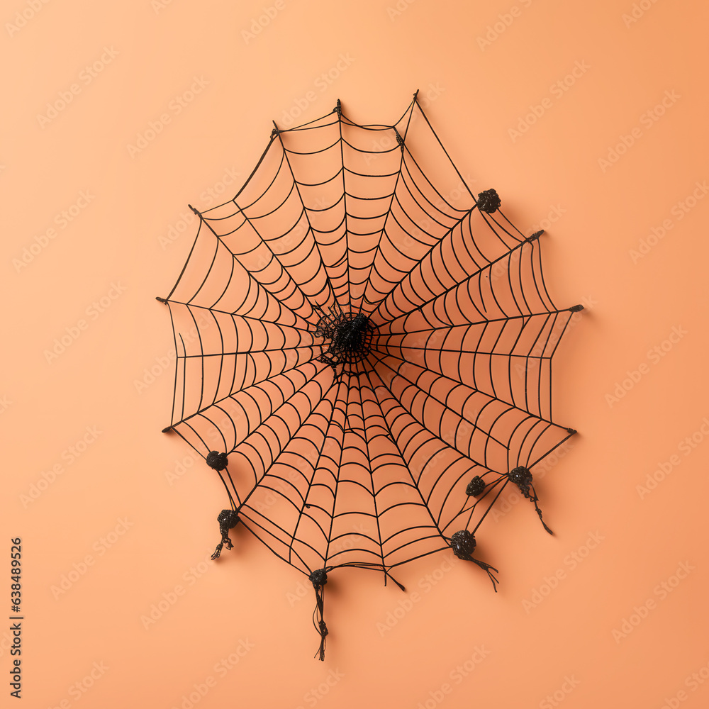 Obraz premium Black spider web on an orange wall, minimal creative aesthetic Halloween concept