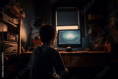 Kids watching screen addiction concept. The child is sitting in front of a screen in night. The boy is playing computer games or watching TV in his room, a view from the back. Generative AI