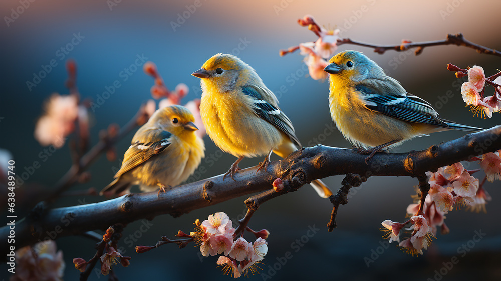 Gradient pattern 2 Little American Goldfinch Birds perched on a tree branch evening light spot bir