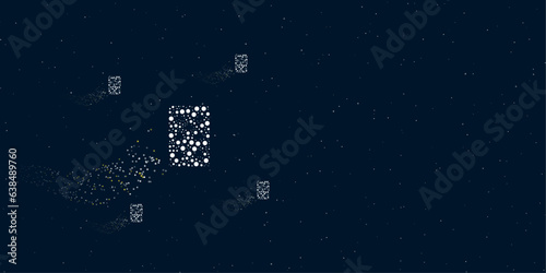 A seven of clubs playing card filled with dots flies through the stars leaving a trail behind. There are four small symbols around. Vector illustration on dark blue background with stars