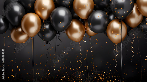 Black and golden balloons with sparkles high detailed background. Celebration, holiday, birthday party.