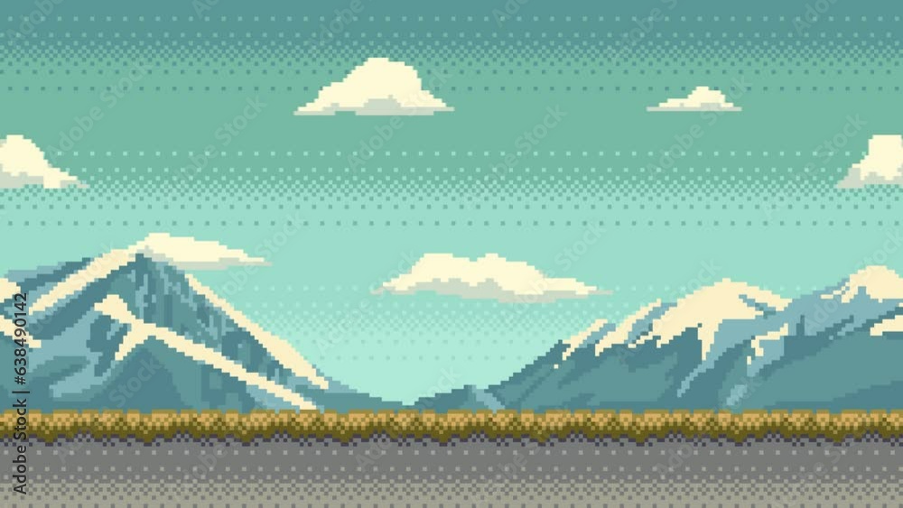 Pixel art animation of background with snow capped mountains. Animated 8 bit landscape with moving clouds.