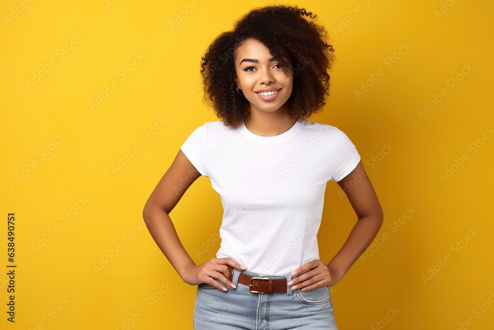 girl wearing white t shirt for mock up on yellow background girl wearing white t shirt for mock up on yellow background
