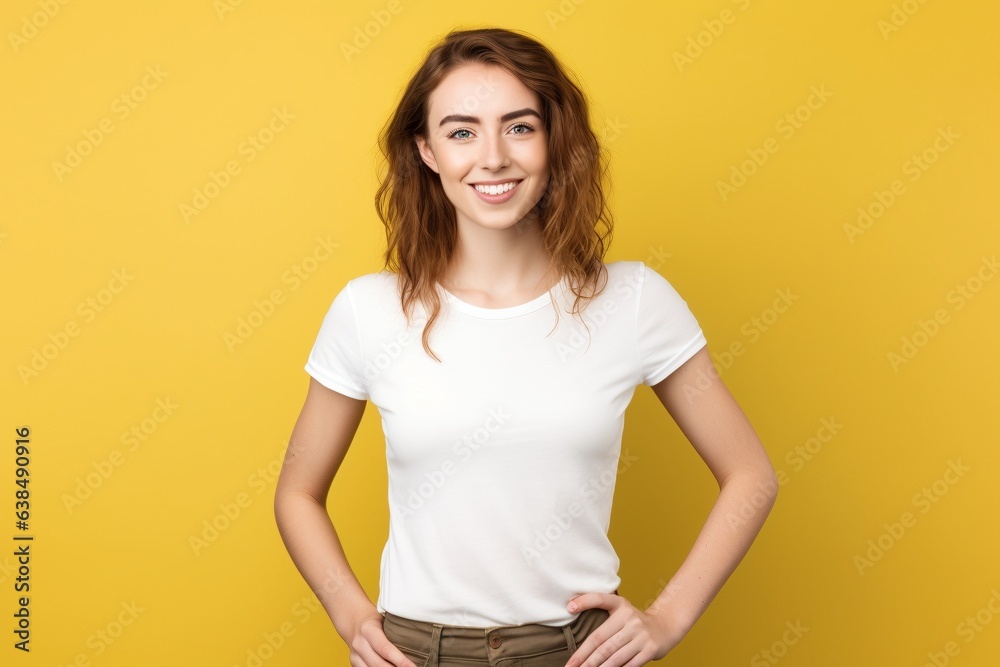 girl wearing white t shirt for mock up on yellow background girl wearing white t shirt for mock up on yellow background