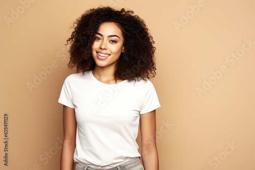Female wearing white tshirt for product photo on beige background