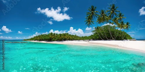 Paradise beach of a tropical island  palm trees  white sand  azure water. Famous stone beach in the Seychelles. Generative AI.