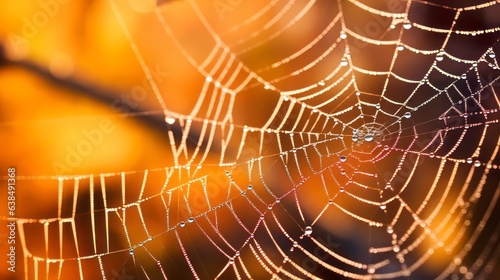 Nahaufnahme eines Spinnennetzes mit Tautropfen im Herbst, das im Sonnenlicht glitzert