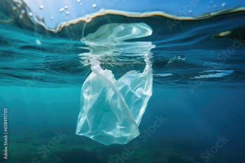 Plastic pollution in ocean and sea - environmental problem. Garbage plastic - bags in water.